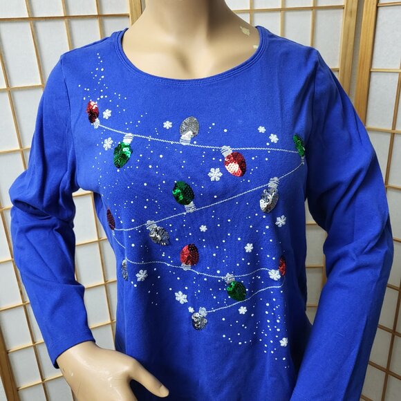 Karen Scott royal blue long sleeve Christmas holiday t-shirt sequin lights EUC - Picture 2 of 8
